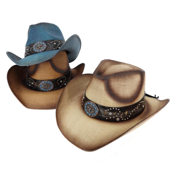 VINTAGE STRAW COWBOY HAT WITH BLUE RIM BULL HEAD CONCHO BAND