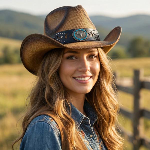 VINTAGE STRAW COWBOY HAT WITH BLUE RIM BULL HEAD CONCHO BAND