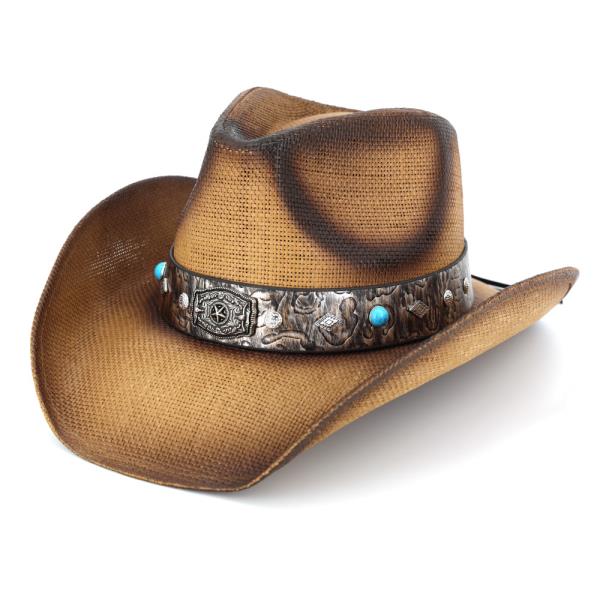 VINTAGE STRAW COWBOY HAT WITH RUSTIC PATTERN BAND