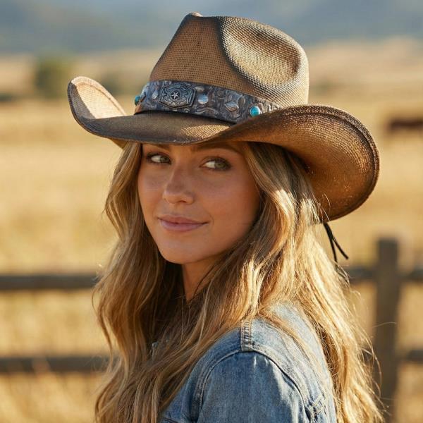 VINTAGE STRAW COWBOY HAT WITH RUSTIC PATTERN BAND