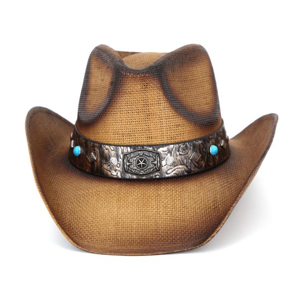 VINTAGE STRAW COWBOY HAT WITH RUSTIC PATTERN BAND