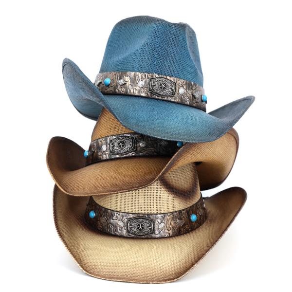 VINTAGE STRAW COWBOY HAT WITH RUSTIC PATTERN BAND
