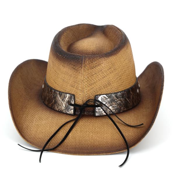 VINTAGE STRAW COWBOY HAT WITH RUSTIC PATTERN BAND