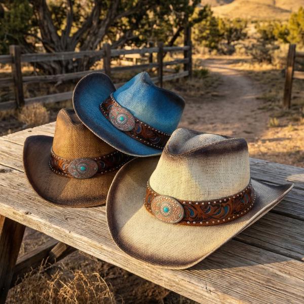 VINTAGE STRAW COWBOY HAT WITH TURQUOISE CONCHO STUD BAND. ONE SIZE
