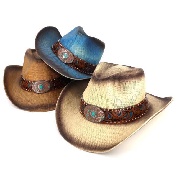 VINTAGE STRAW COWBOY HAT WITH TURQUOISE CONCHO STUD BAND. ONE SIZE