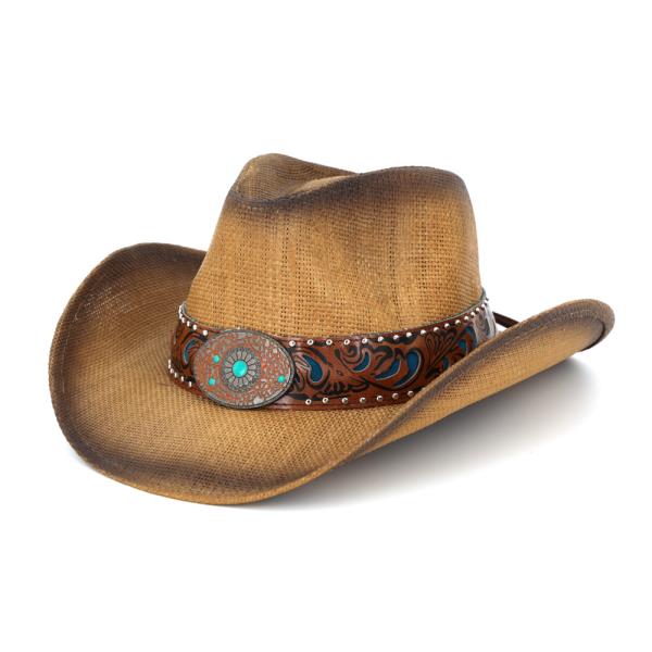 VINTAGE STRAW COWBOY HAT WITH TURQUOISE CONCHO STUD BAND. ONE SIZE
