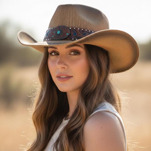 VINTAGE STRAW COWBOY HAT WITH TURQUOISE CONCHO STUD BAND. ONE SIZE