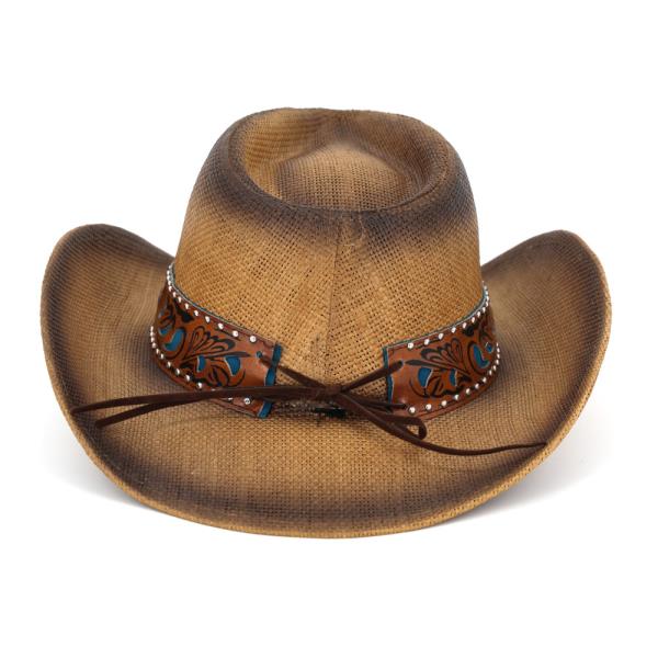 VINTAGE STRAW COWBOY HAT WITH TURQUOISE CONCHO STUD BAND. ONE SIZE