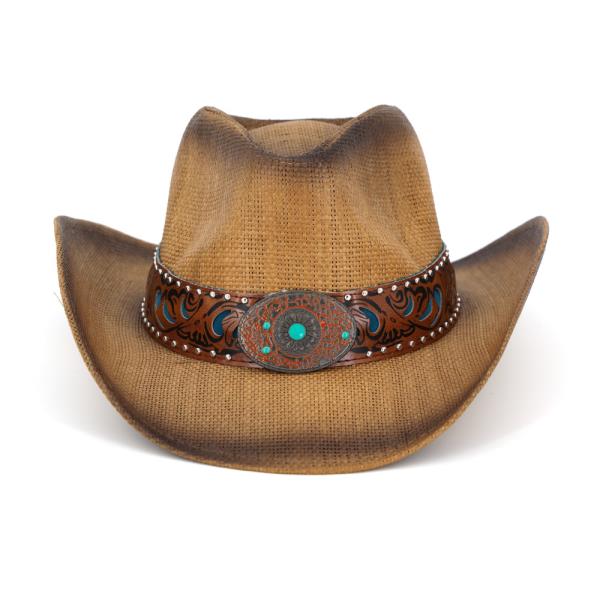 VINTAGE STRAW COWBOY HAT WITH TURQUOISE CONCHO STUD BAND. ONE SIZE