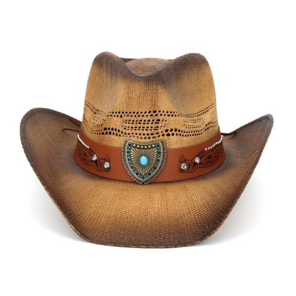 VENTED VINTAGE COWBOY STRAW HAT WITH "THE AZTEC SHIELD" TURQUOISE CONCHO