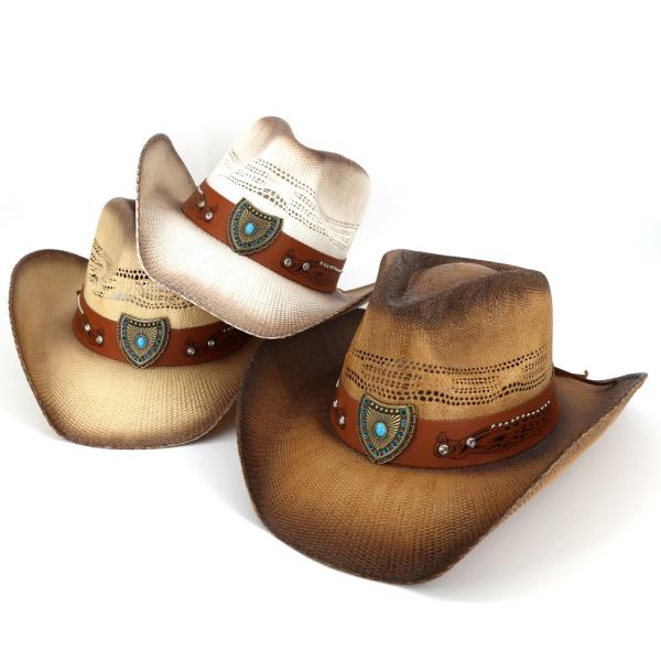 VENTED VINTAGE COWBOY STRAW HAT WITH "THE AZTEC SHIELD" TURQUOISE CONCHO