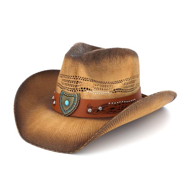 VENTED VINTAGE COWBOY STRAW HAT WITH "THE AZTEC SHIELD" TURQUOISE CONCHO