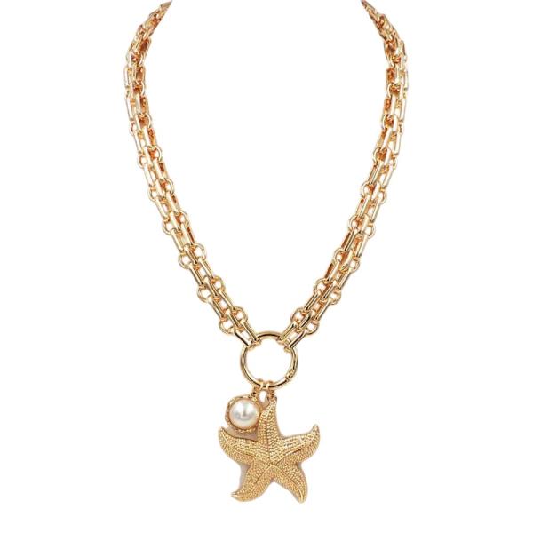 STARFISH PEARL CHARM DOUBLE CHAIN NECKLACE