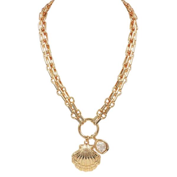 SHELL PEARL CHARM DOUBLE CHAIN NECKLACE