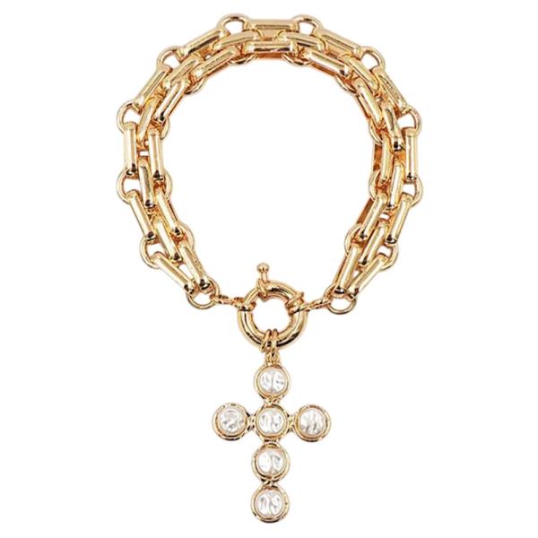 COIN PEARL CROSS CHARM DOUBLE CHAIN BRACELET