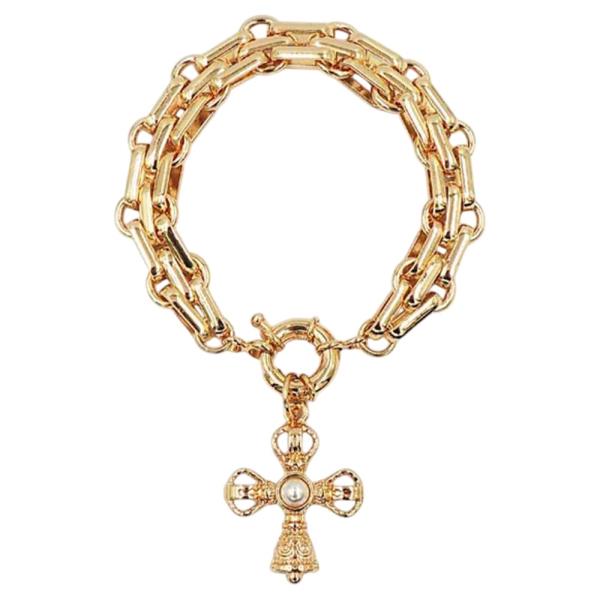 PEARL CROSS CHARM DOUBLE CHAIN BRACELET