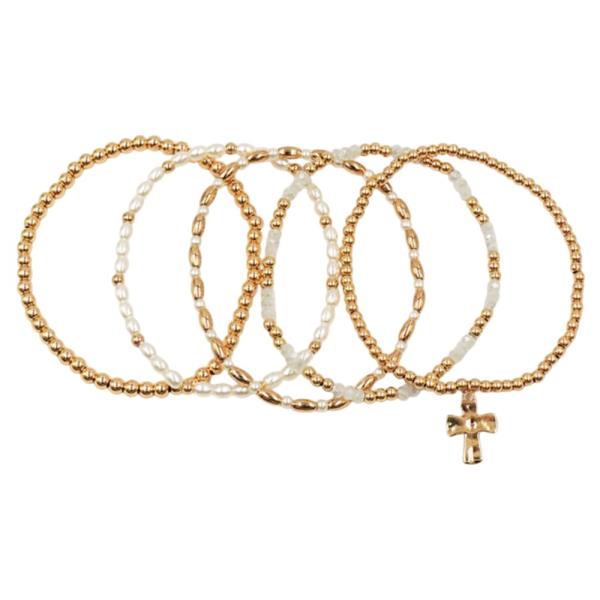 5PK HAMMER CROSS CHARM PEARL STRETCH BRACELET SET