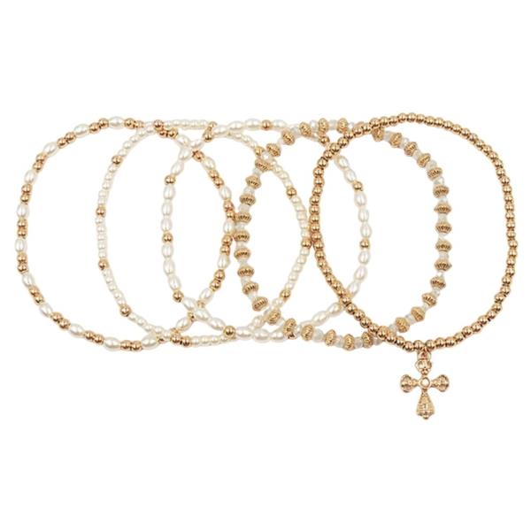 CROSS CHARM PEARL STRETCH BRACELET