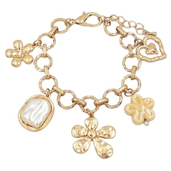 CERAMICS FLOWER PEARL CHARM CHAIN BRACELET