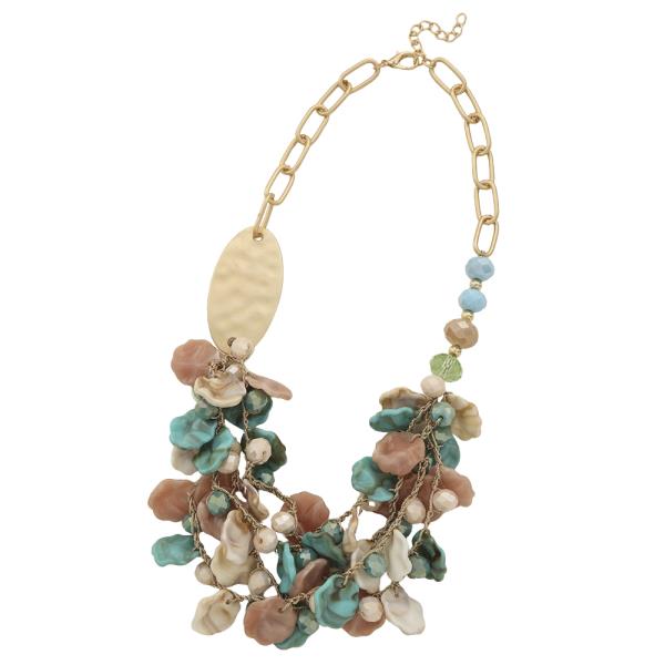 MULTI LAYER COLOR BEAD OVAL METAL CHAIN LINK NECKLACE