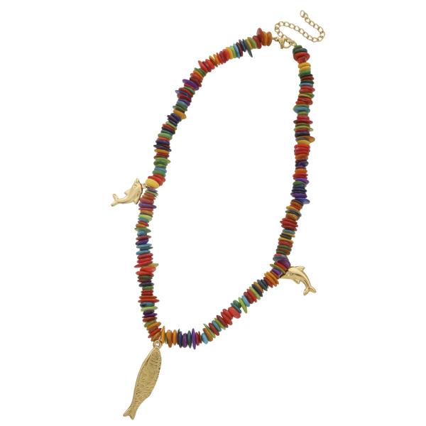 FISH DOLPHIN PENDANT COLORED DISC BEAD NECKLACE