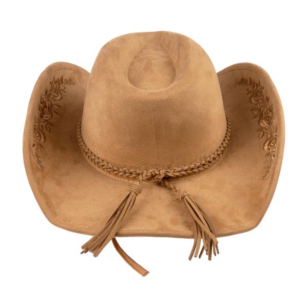 FAUX SUEDE COWBOY HAT WITH FLORAL EMBROIDERY PATTERN