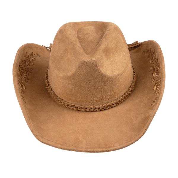 FAUX SUEDE COWBOY HAT WITH FLORAL EMBROIDERY PATTERN