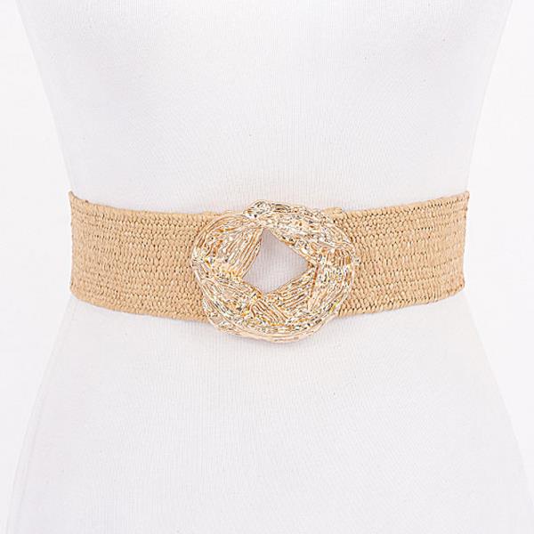 METAL BUCKLE ELASTIC FAUX STRAW BELT