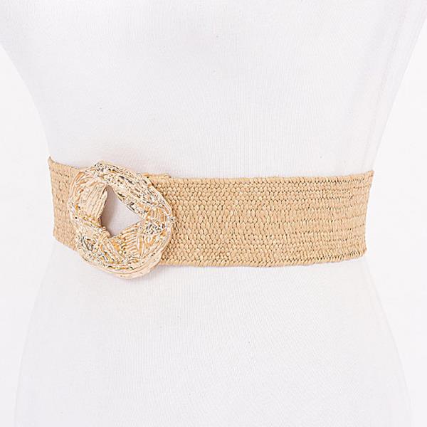 METAL BUCKLE ELASTIC FAUX STRAW BELT