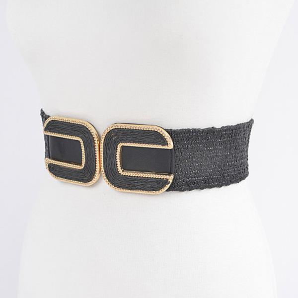 FAUX STRAW TWO BUCKLES ELASTIC BELT