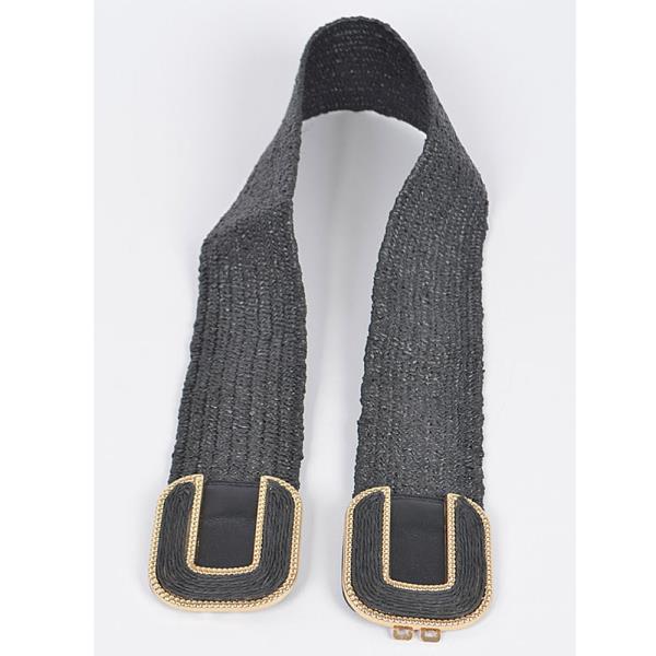 FAUX STRAW TWO BUCKLES ELASTIC BELT