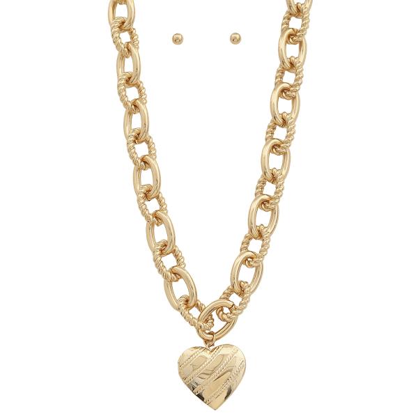 HEART CHARM PENDANT CHUNKY OVAL LINK SHAPE NECKLACE EARRING SET