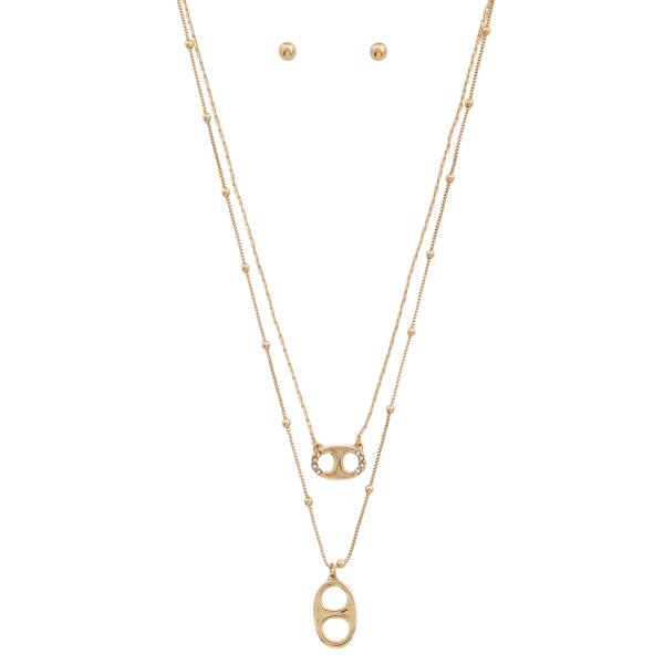 15" 17" 2 LAYERED DOT CHAIN CAN TAB PAVE METAL PENDANT SHORT NECKLACE EARRING SET