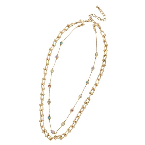 2 LAYERED TIFFANY CHAIN & 5MM CRYSTAL STONE LAYERED SHORT NECKLACE EARRING SET