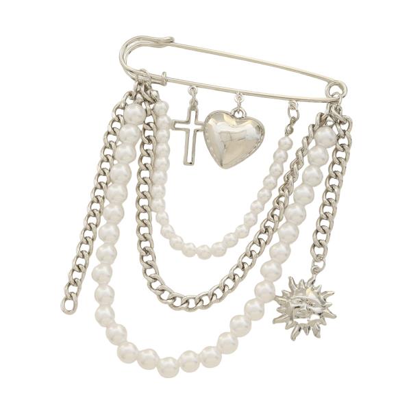 HEART CROSS SUN CHARM PEARL CHAIN SAFETY PIN BROOCH