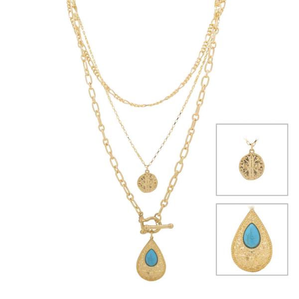 MULTI STRAND LAYERED TEARDROP PENDANT NECKLACE