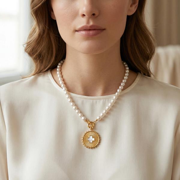 CROSS DISK W/ PEARL BEADED NECKLACE