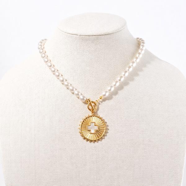 CROSS DISK W/ PEARL BEADED NECKLACE