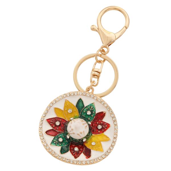 ROUND FLORAL RHINESTONE BAG CHARM KEYCHAIN