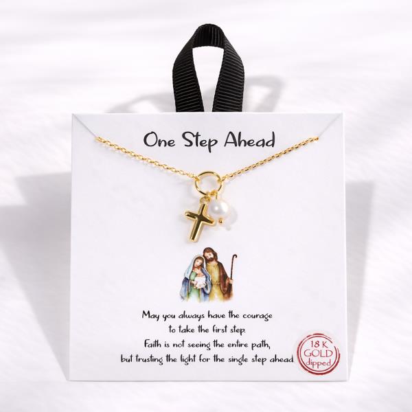 18K GOLD DIPPED ONE STEP AHEAD CROSS PEARL PENDANT NECKLACE
