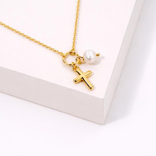 18K GOLD DIPPED ONE STEP AHEAD CROSS PEARL PENDANT NECKLACE