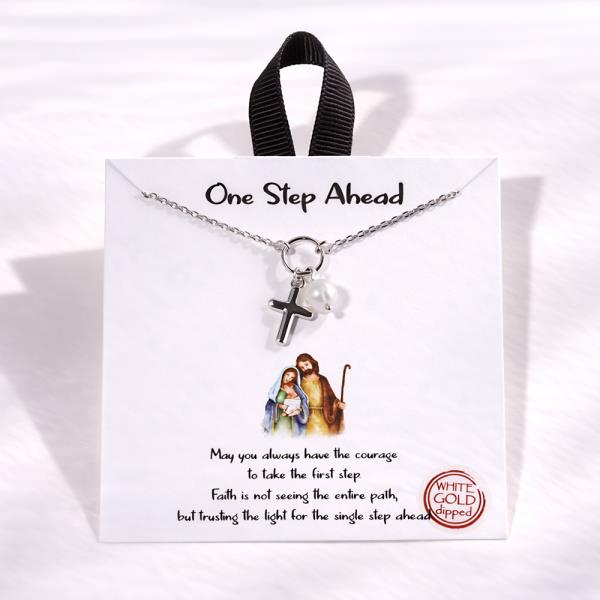 18K GOLD DIPPED ONE STEP AHEAD CROSS PEARL PENDANT NECKLACE