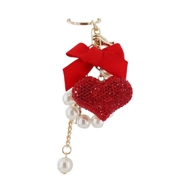 RHINESTONE BOW HEART PEARL DROP BAG CHARM KEYCHAIN
