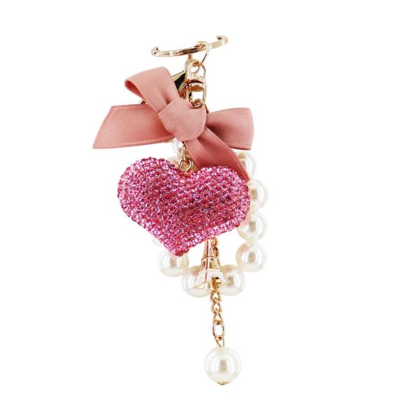 RHINESTONE BOW HEART PEARL DROP BAG CHARM KEYCHAIN