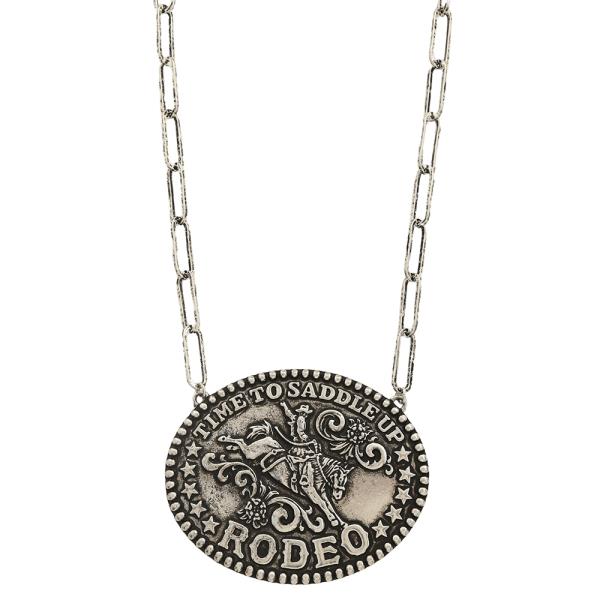 LARGE OVAL TIME TO SADDLE UP RODEO PENDANT CHAIN LINK NECKLACE