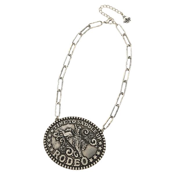 LARGE OVAL TIME TO SADDLE UP RODEO PENDANT CHAIN LINK NECKLACE