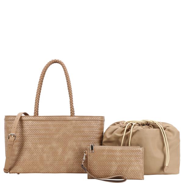 3IN1 TEXTURED SATCHEL W CLUTCH AND POUCH SET