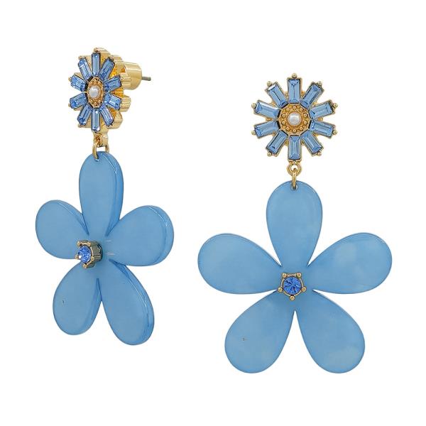 2" CRYSTAL FLOWER STUD RESIN DROP EARRINGS