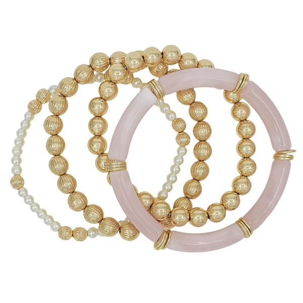 4 SET 8MM PIPE RESIN TEXTURED CCB 4MM PEARL ACCENT BRACELET