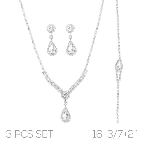 RHINESTONE TEARDROP FLOWER 3 PC SET NECKLACE